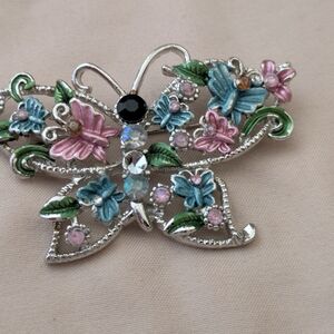 Floral Enamel Butterfly Brooch in Pink, Blue & Green